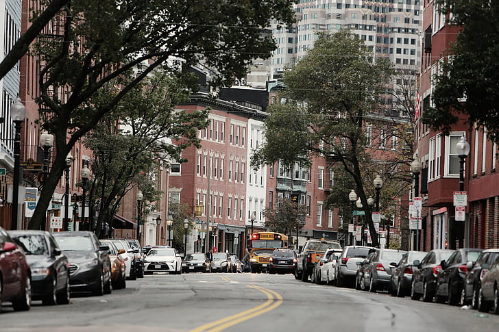automobili, parkiran, na cesti, preko dana, Boston, grad, ulice
