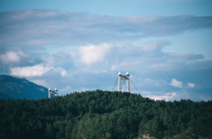 blue, sky, clouds, bridge, hills, trees, forest