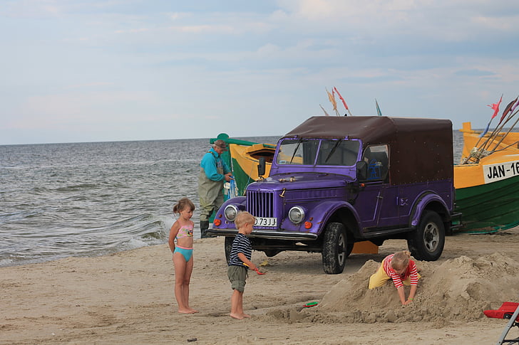 stranden, barn, havet, bil