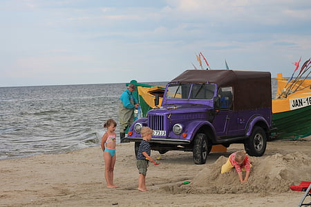 beach, kids, sea, car
