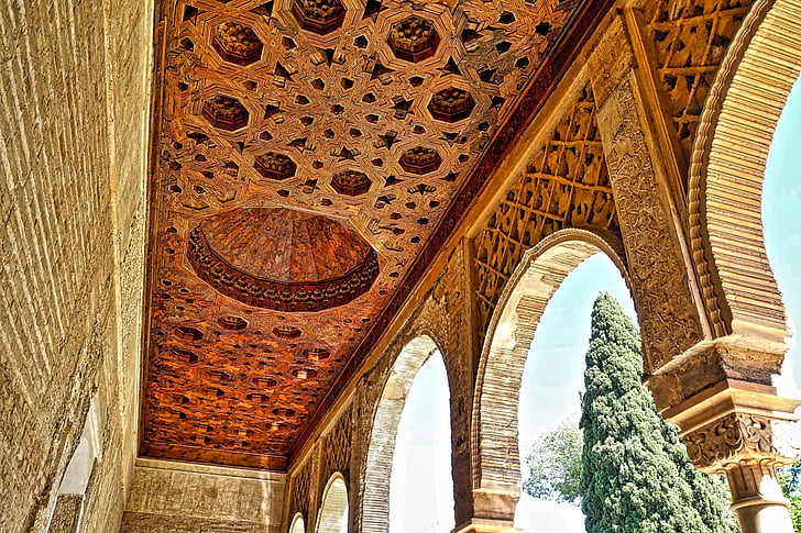 Alhambra, techo, arcos, Árabe, decoración, yeserías, Español