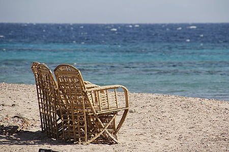 door de zee, ontspannen, zitten, zitmeubelen, Stockfoto, rotan meubelen, strand