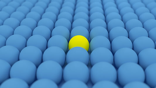 ballen, gule ballen, blå ballen, blå, gul, fokus, 3D