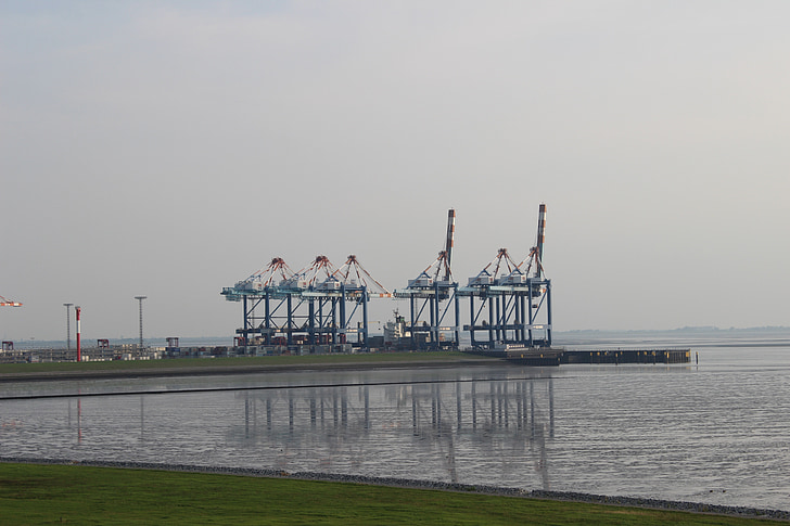 konténer, Port, víz, konténer bridge cargo, Bremerhaven, Németország víz, tenger, kikötő