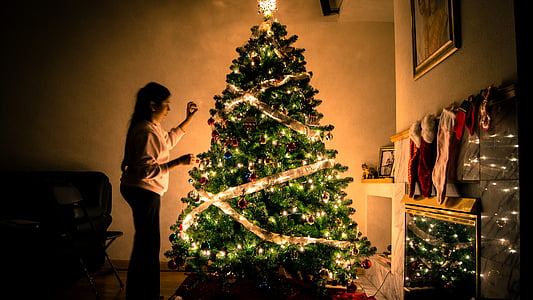 woman, decorating, christmas, tree, festive, decorations, christmas tree