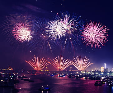 celebration, city, festival, fireworks, new year, night, sky