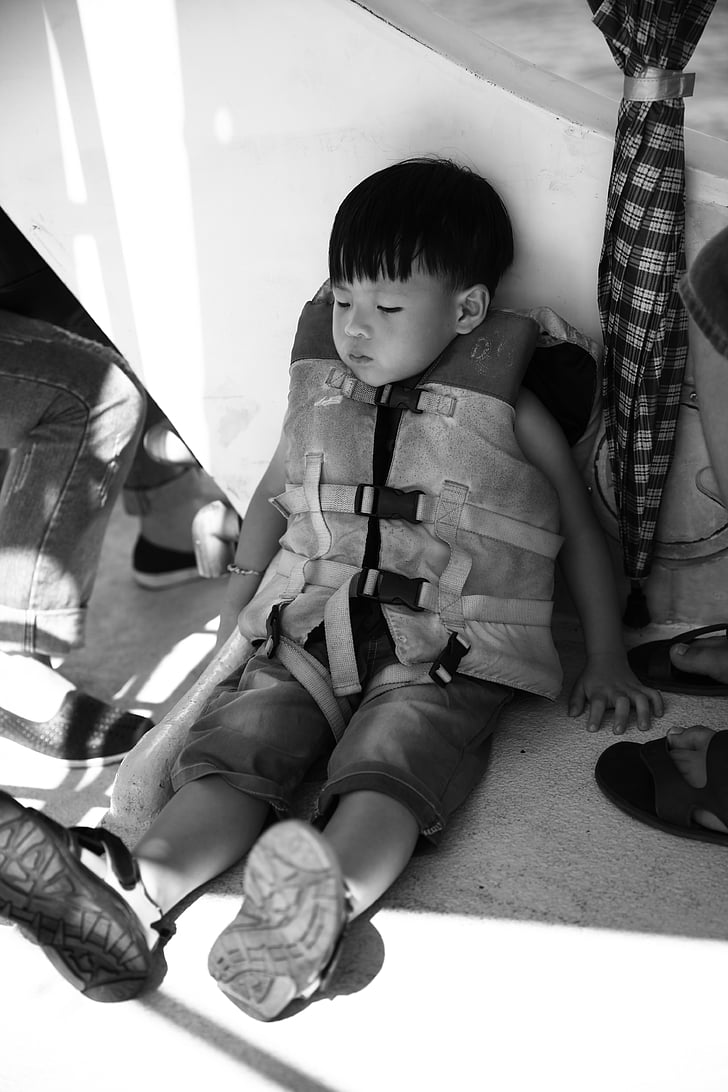 Taiwan, mar, retrato, crianças, preto e branco