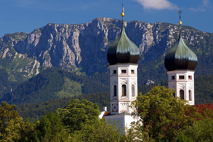 benediktbeuern, monastery, towers, religious, building, germany, mountains