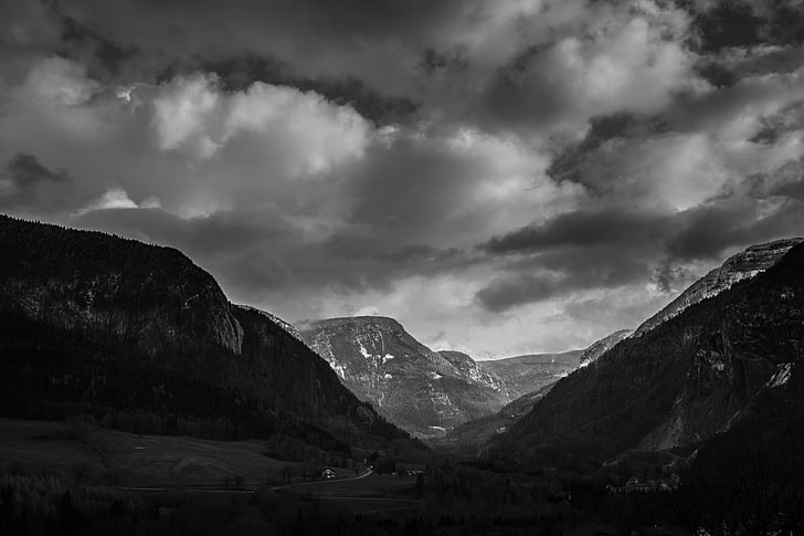grayscale, photo, mountain, nimbus, clouds, grass, trees