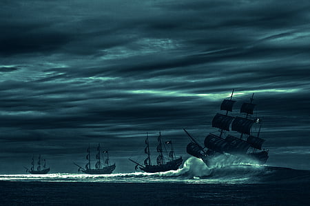 океан, море, лодка, пират, пиратски кораб, картина, буря