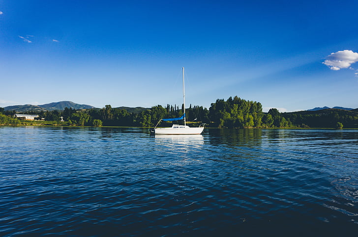 white, motorboat, body, water, lake, blue, green