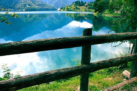 vandens, ežeras, Lenzumo di Concei, Italija, medienos, turėklų, žolės