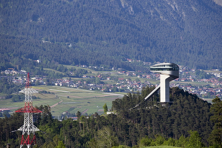 burgisel ski jump, innsbruck, austria, valley, red and white pylon