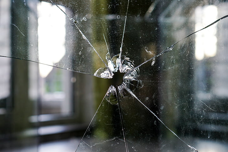 glass, brutt, fragmentert, hullet, sprekk, platen, vinduet