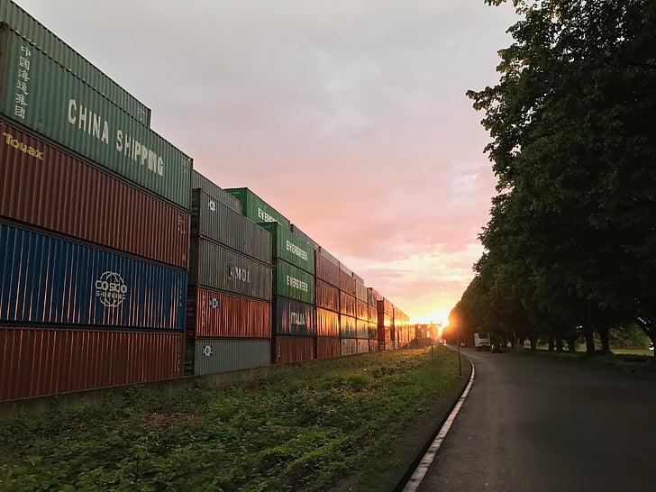 kontejner, slunce, průmysl, obloha, Západ slunce, večer, přístav
