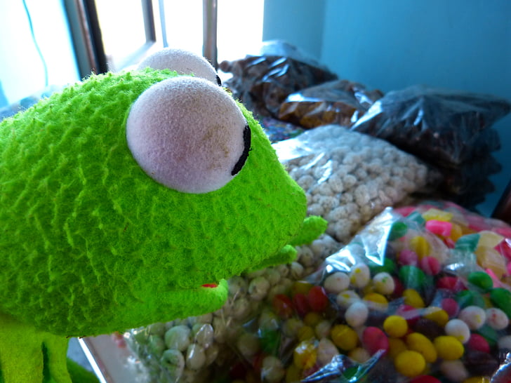 Kermit, żaba, zakupy, cukierki, pyszne, kolorowe