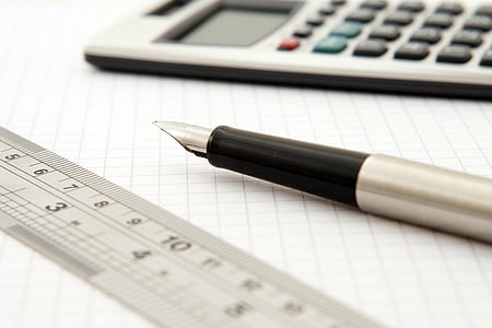 calculator, close-up, fountain pen, paper, pen, ruler, business