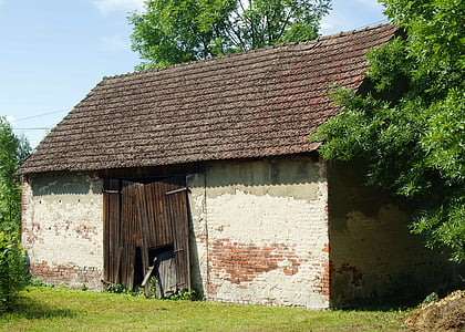 schuur, stal, dorp, gebouw, houten deuren, uitgestrekte huis, vernietigd