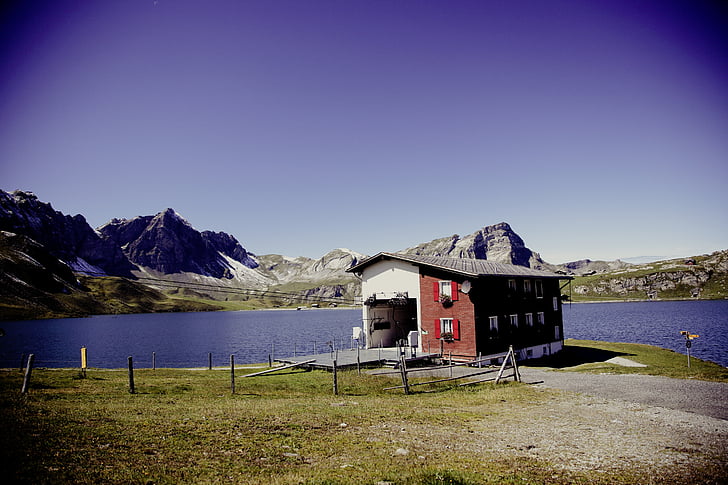 house, lake, nature, mountains, landscape