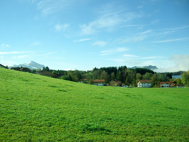 drupas, Allgäu, zaļa, zila, ainava, zāle, pļavas