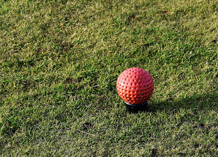 Golf, marcador de t, vermelho, teeing ground, marcador, t, desporto