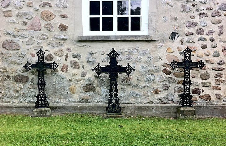 three crosses, cross, cemetery, chapel, church, black, window