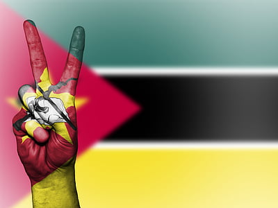 Moçambique, fred, hand, nation, bakgrund, banner, färger