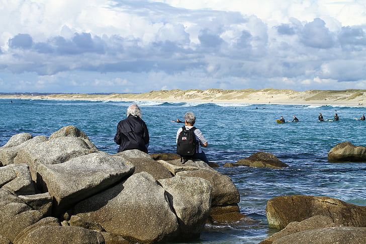 Deniz Manzaralı, ufuk, Bekle, gökyüzü, Deniz, kaya, Brittany