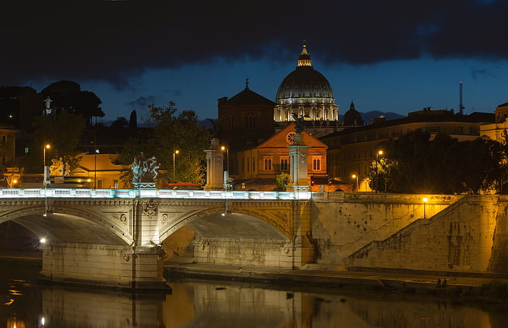 αστικό τοπίο, το βράδυ, σούρουπο, Βασιλική Αγίου Πέτρου, ο Βίκτωρ Εμμανουήλ γέφυρα ΙΙ, Ποταμός Τίβερης, Ρώμη