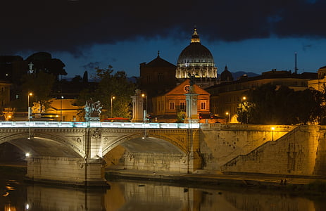 pemandangan kota, malam, senja, Basilika Santo Petrus, Vittorio emmanuele ii jembatan, Sungai Tiber, Roma