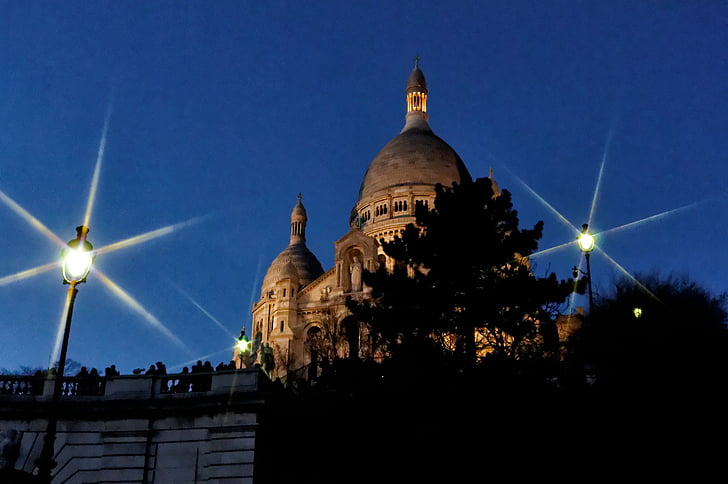 Basílica, Sacré-coeur, à noite, Monumento, Paris, cintilação, brilho