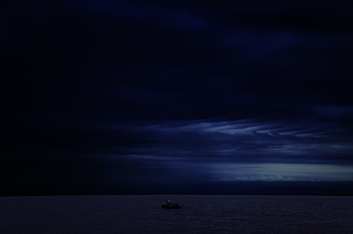 vann, båt, mørk, mørke, hav, båtliv, blå
