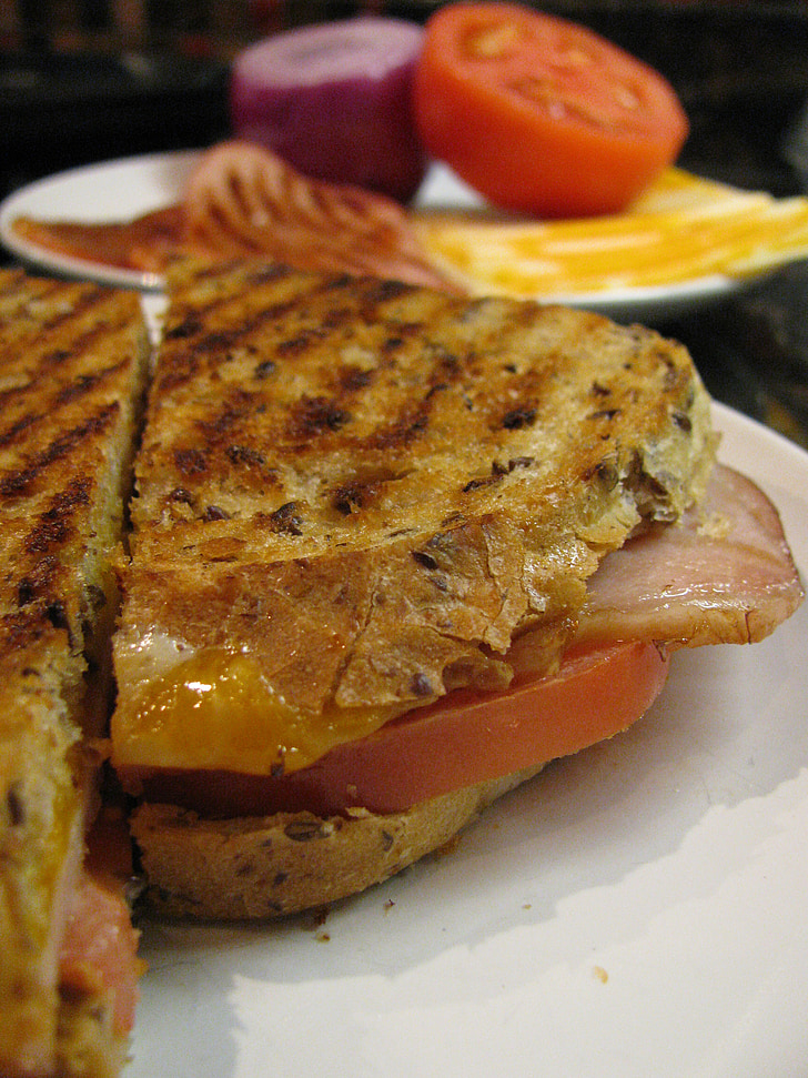 Panini, sandwich, Gegrilde, brood, kaas, Ham, lunch