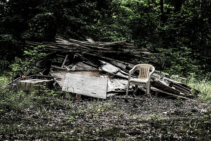 abandoned, broken, chair, damage, dirty, grass, ground