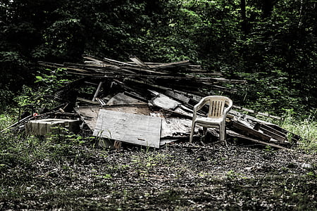 napuštena, slomljena, stolica, oštećenja, Prljavi, trava, tlo