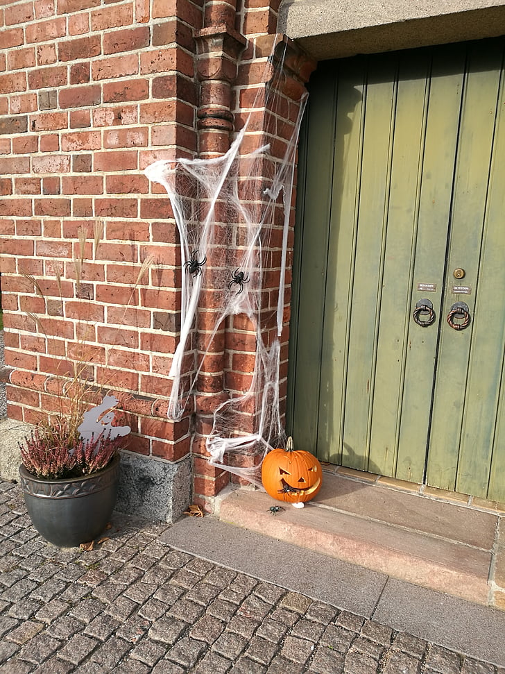 halloween, pumpkin, church, decor, decoration, spiderweb, entrance