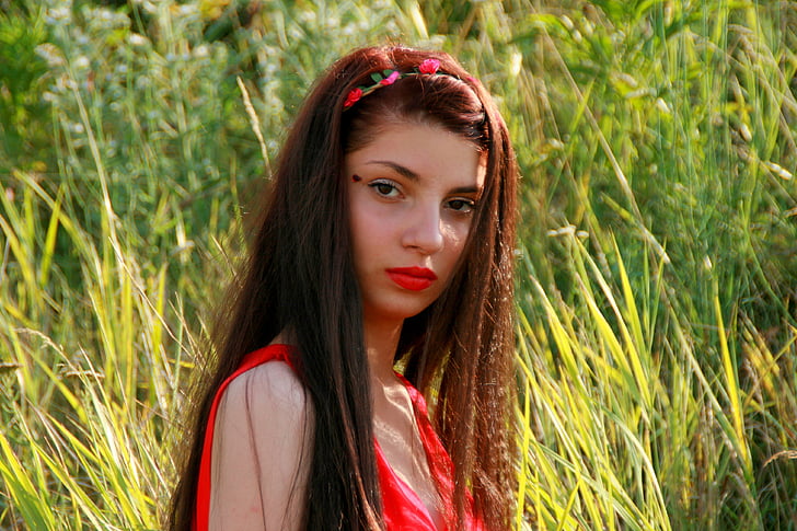 girl, red, nice, portrait, red lipstick