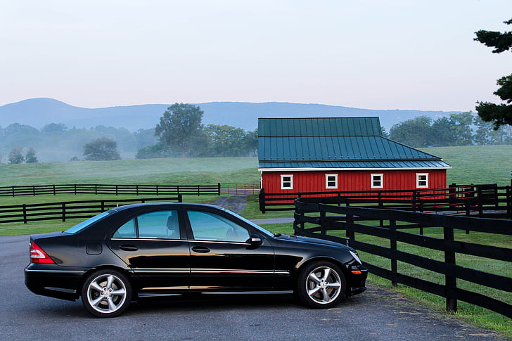 automobile, car, barn, farm, ranch, early morning, transportation