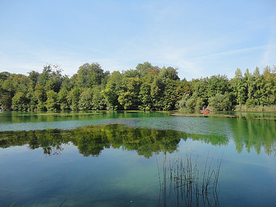 wöhr lake, mirroring, water, sky, blue, burghausen, upper bavaria