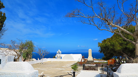 Santorini, Grčka, Bijele kuće, arhitektura, plava