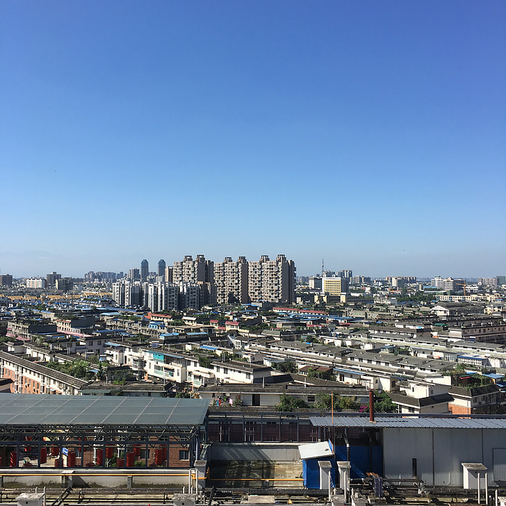 ciudad, cielo azul, Wenjiang