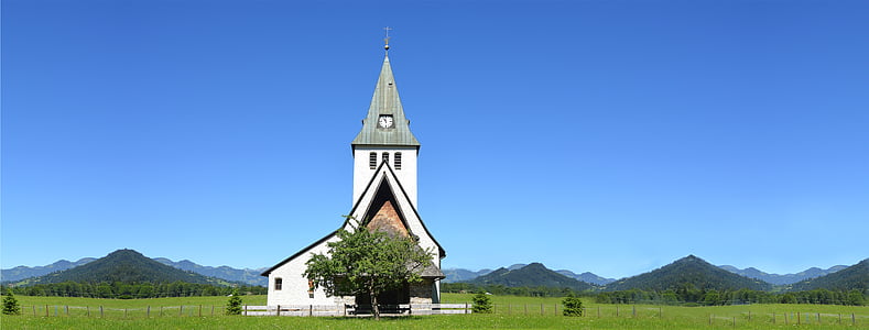 mountain panorama, steeple, church, religion, sky, blue, dom