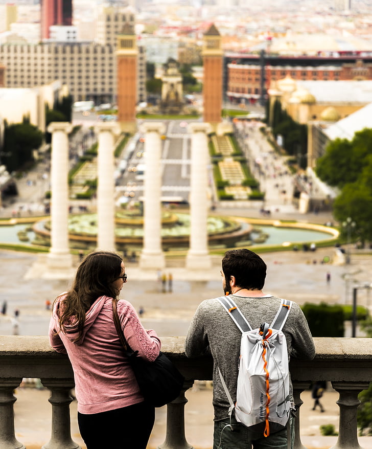 architecture, backpack, balustrade, blur, buildings, city, couple