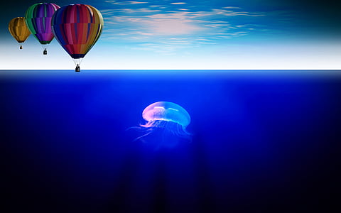 balón, more, medúzy, široký, hlboké, vzdialených, túžba