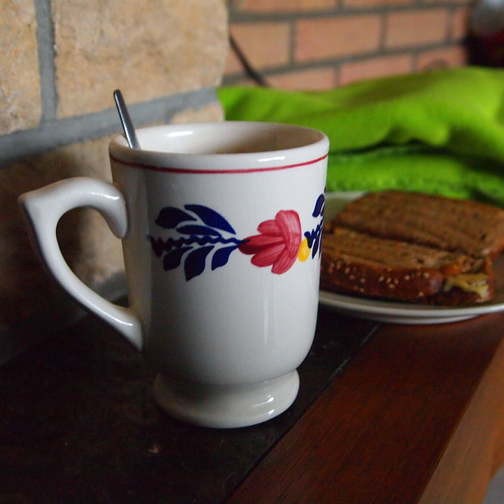puodelis, kavos, skrudinta duona, antklodė, keramika, pusryčiai, gėrimas