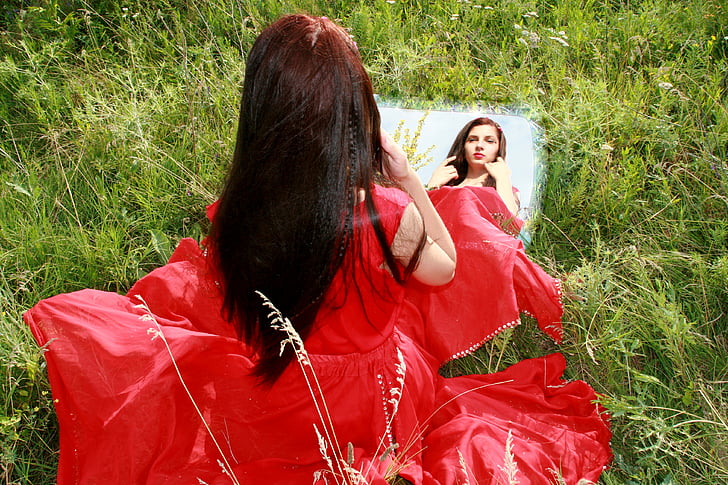 djevojka, ogledalo, Crveni, odraz, lijepo, portret, crveni ruž za usne