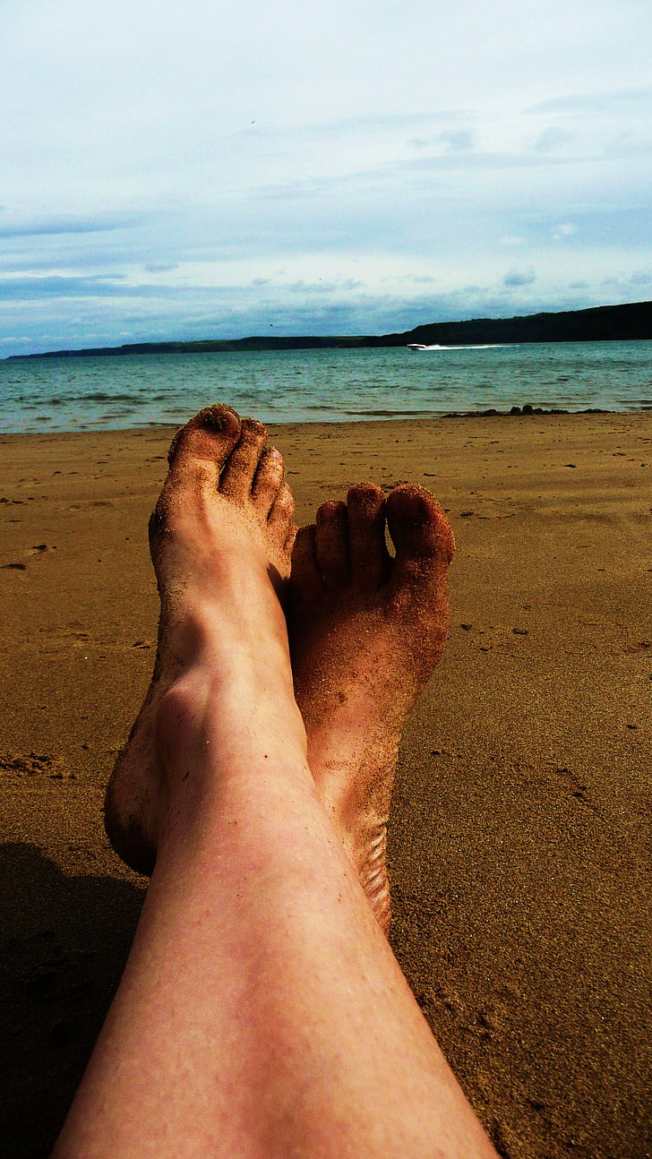 atpūsties, pludmale, kājām, smilts, jūra, krasta, cilvēki