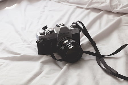 negru, argint, Canon, DSLR, aparat de fotografiat, alb, textile