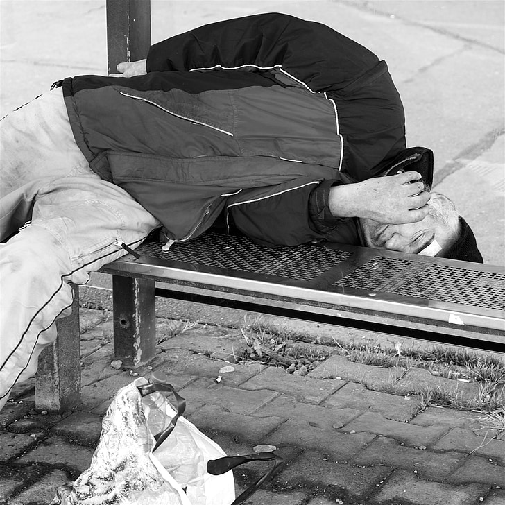 dakloze, man, slapen, dronken, sociale, mensen, samenleving