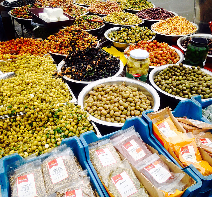 Оливки й маслини, ринок, продукти харчування, Середземноморська, рослинні, Грін, Вегетаріанський
